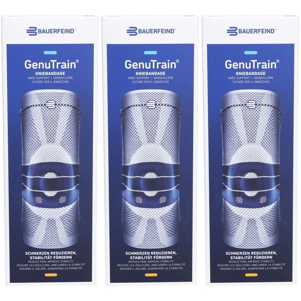 Trois emballages de genouillères. Le logo BAUERFEIND et le texte GenuTrain sont visibles sur chaque emballage.