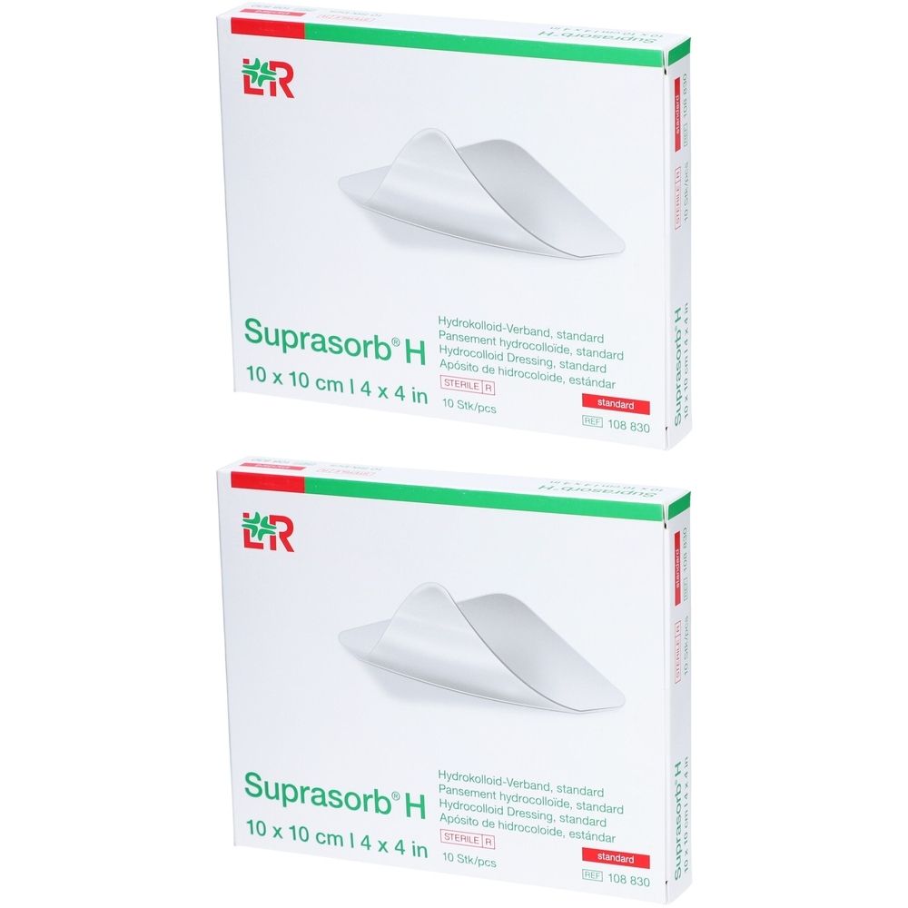 Zwei Packungen Suprasorb H, 10x10 cm. Weiße Verpackung mit Produktnamen und Größenangabe. Sichtbar sind auch die Logos.