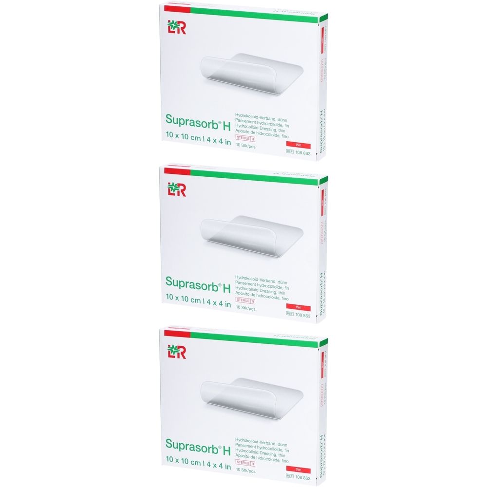 Trois boîtes de produit. Inscription : Suprasorb H, 10 x 10 cm. Emballage vert et blanc avec image du produit.