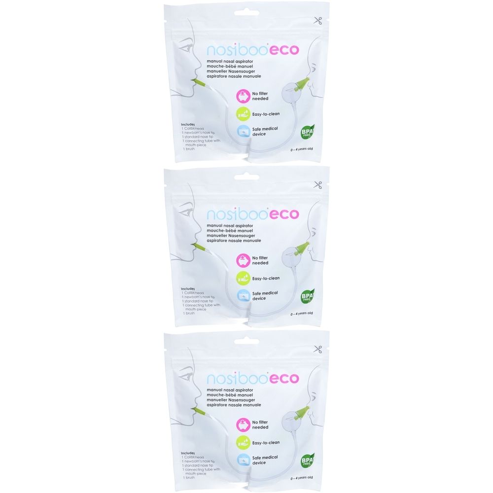 Drei verpackte Nasensauger. Auf der Verpackung steht "nosibooeco" und "manual nasal aspirator".