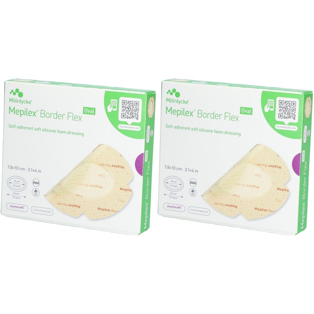 Zwei Packungen Mepilex Border Flex Oval. Selbsthaftender Wundverband. Grün-weiße Verpackung mit Produktabbildung.
