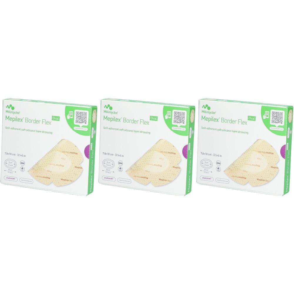 Drei Packungen Mepilex Border Flex. Jede Packung zeigt einen Verband. Aufschrift: 7,8 x 10 cm. Grün-weiße Verpackung.