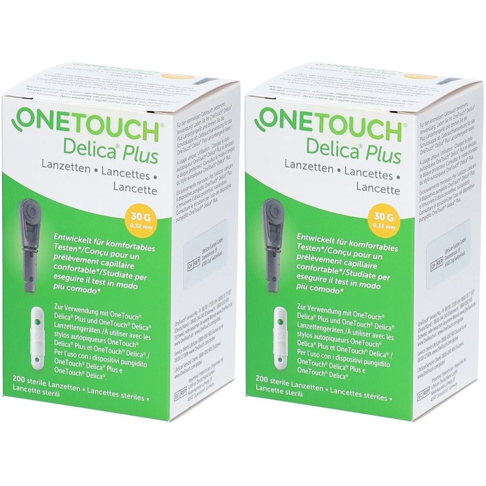 Zwei grüne Kartons mit der Aufschrift "ONETOUCH Delica Plus Lanzetten". Enthält 200 sterile Lanzetten.