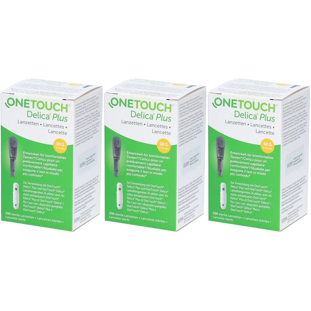 Drei Schachteln ONETOUCH Delica Plus Lanzetten. Jede Schachtel zeigt ein Produktbild und Text in mehreren Sprachen.