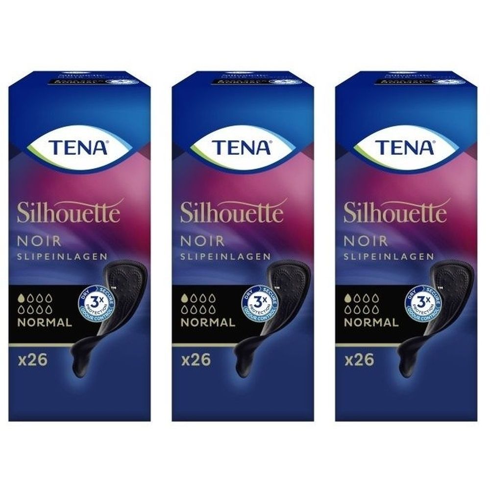 Drei Packungen TENA Silhouette Noir Slipeinlagen. Schwarze Einlagen, blaue Verpackung. Aufschrift: Normal, x26.