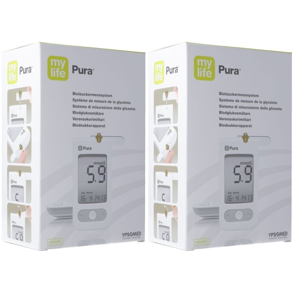 Zwei Packungen mylife Pura Blutzuckermessgerät. Auf jeder Packung ist ein Messgerät mit Display und Wert 5.9 zu sehen.