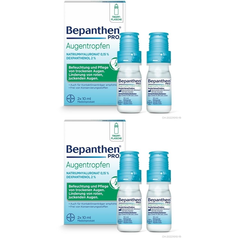Emballage de gouttes ophtalmiques Bepanthen PRO. Emballage blanc et bleu avec nom du produit et ingrédients.