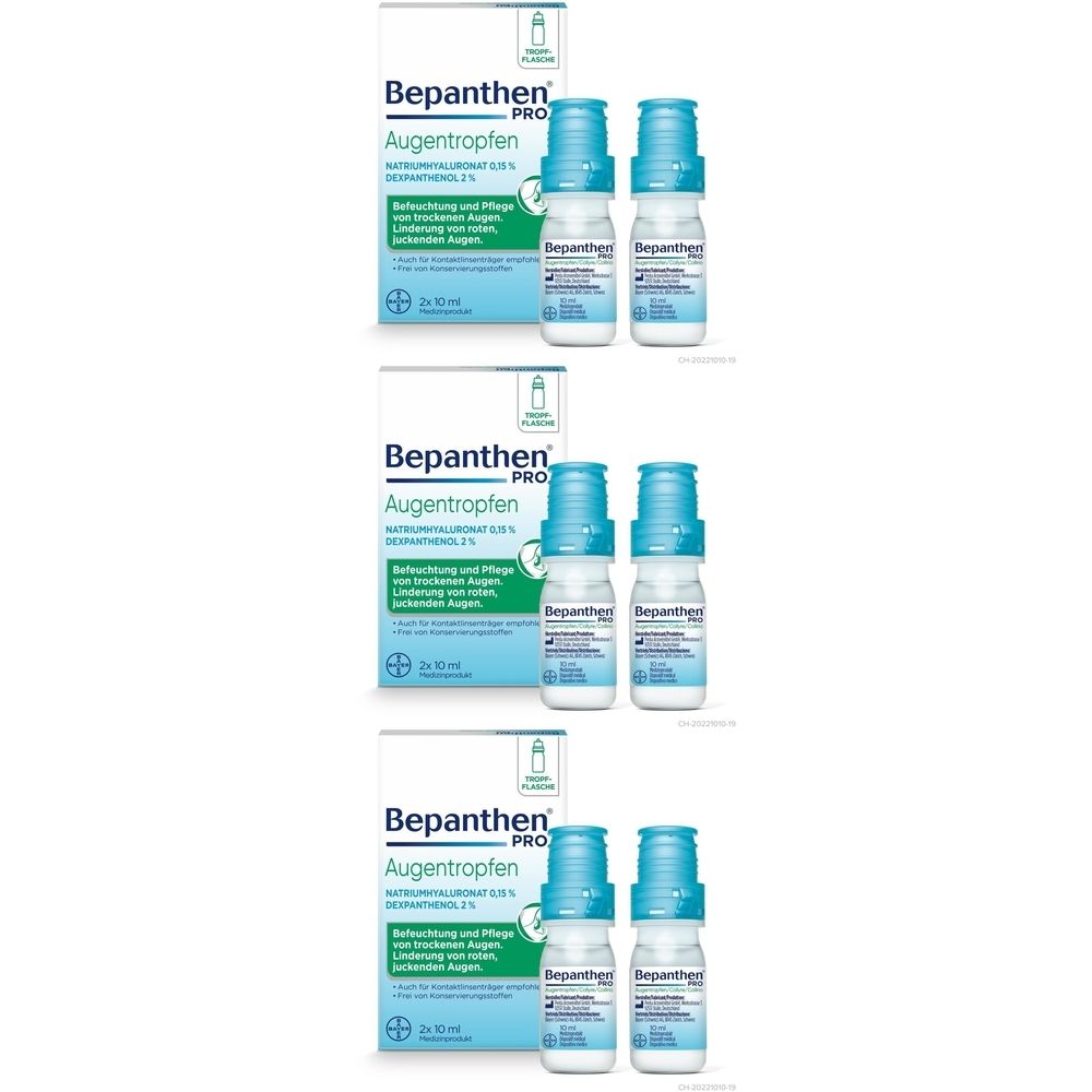 Plusieurs emballages de Bepanthen PRO Augentropfen. Chaque emballage contient des flacons et une boîte avec des informations.