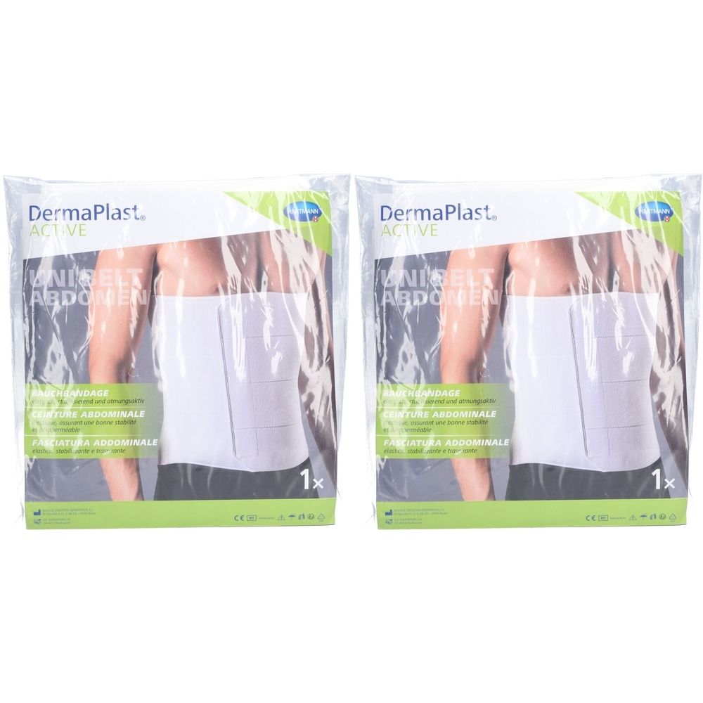 Deux ceintures abdominales emballées. L'emballage indique "Dermaplast Active Unibelt Abdomen".
