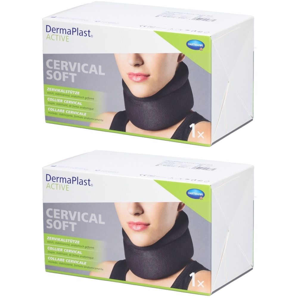 Zwei Schachteln mit Halskrause. Aufdruck: DermaPlast Active Cervical Soft. Abbildung einer Person mit Halskrause.