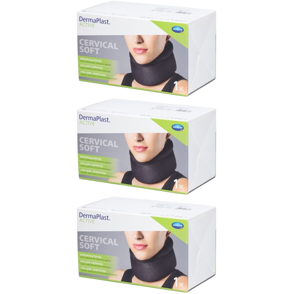 Drei Verpackungen von Dermaplast Active Cervical Soft. Jede Packung zeigt ein schwarzes zervikales Collier. Aufschrift: Cervical Soft.