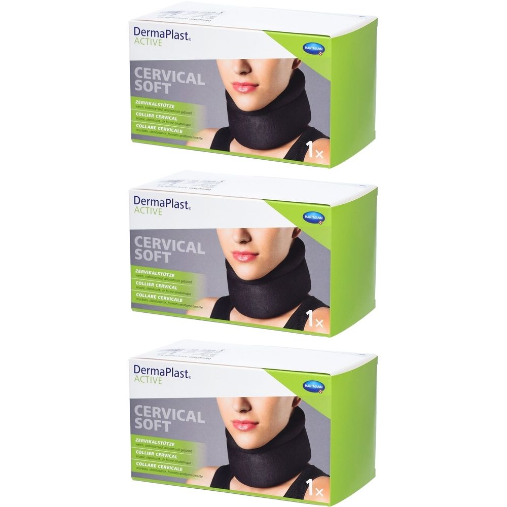 Drei Verpackungen mit Halskrause. Auf jeder Verpackung ist eine Halskrause abgebildet. Der Schriftzug "CERVICAL SOFT" ist sichtbar.