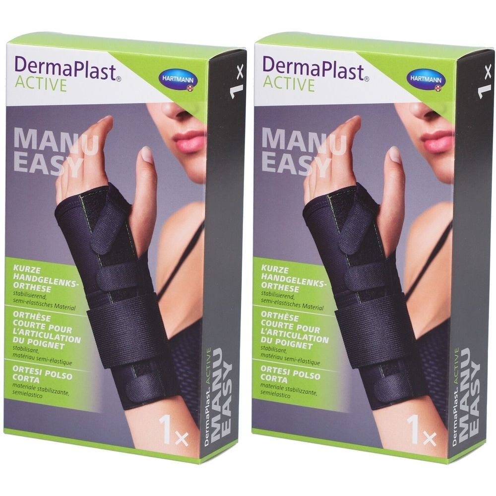 Zwei Packungen der Dermaplast Active Manu Easy Handgelenkorthese. Schwarze Orthese auf einer Hand abgebildet. Verpackung mit Produktnamen und Logo.