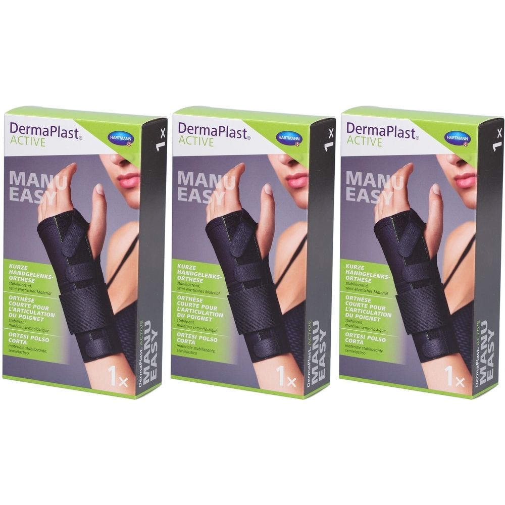 Drei Verpackungen mit Handgelenkorthese. Aufdruck: DermaPlast Active Manu Easy. Abgebildet ist eine Hand mit Orthese.