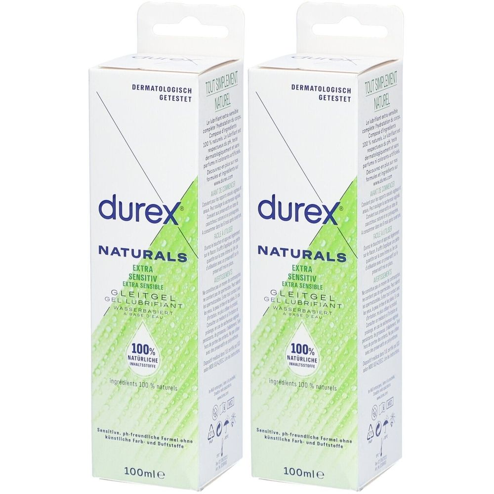 Zwei weiße Kartons mit "durex NATURALS" Aufdruck. Text: "EXTRA SENSITIV GLEITGEL". 100% natürlich. Dermatologisch getestet.