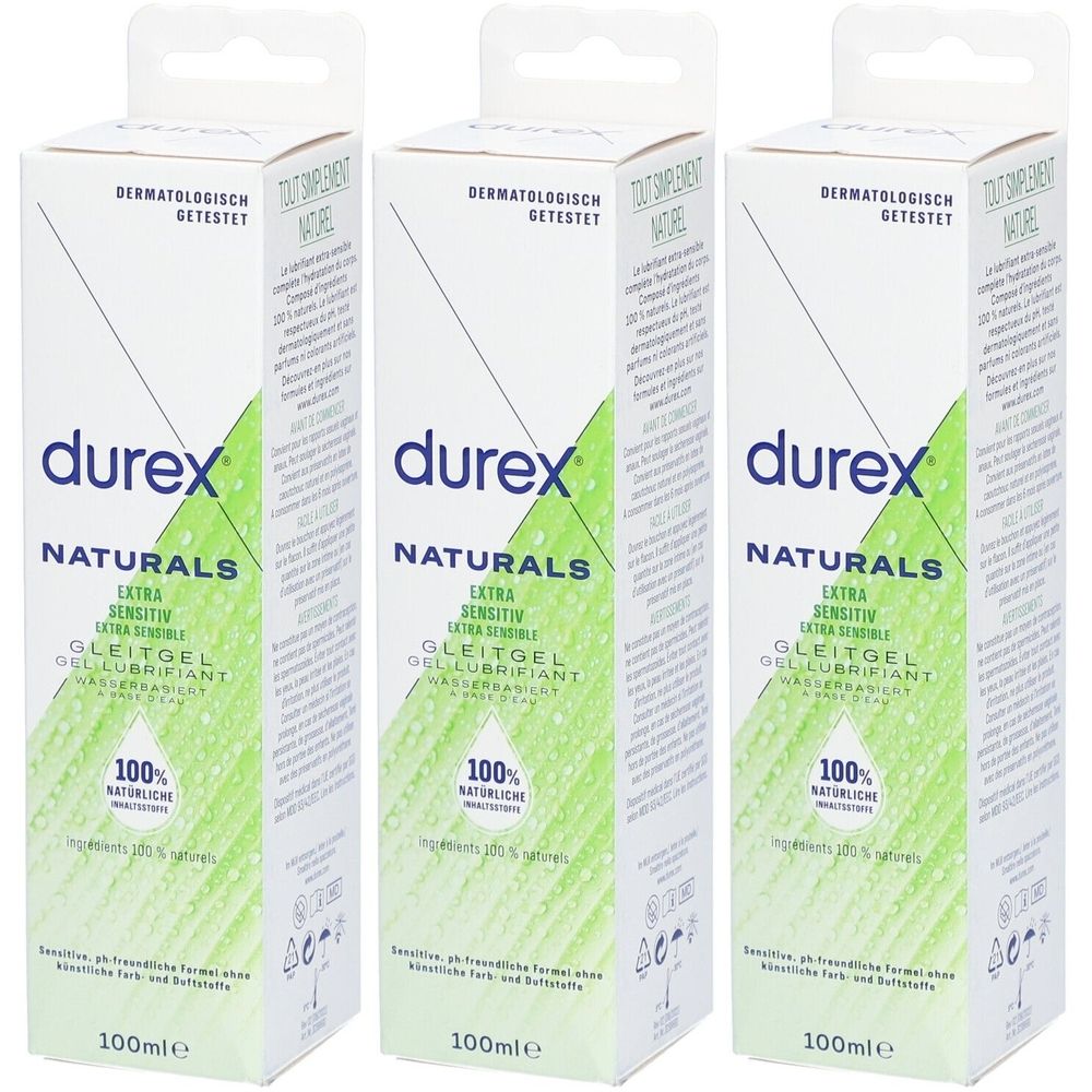 Drei Packungen Durex Naturals Extra Sensitiv Gleitgel. Weiße Verpackung mit grünen Akzenten und Produktinformationen.