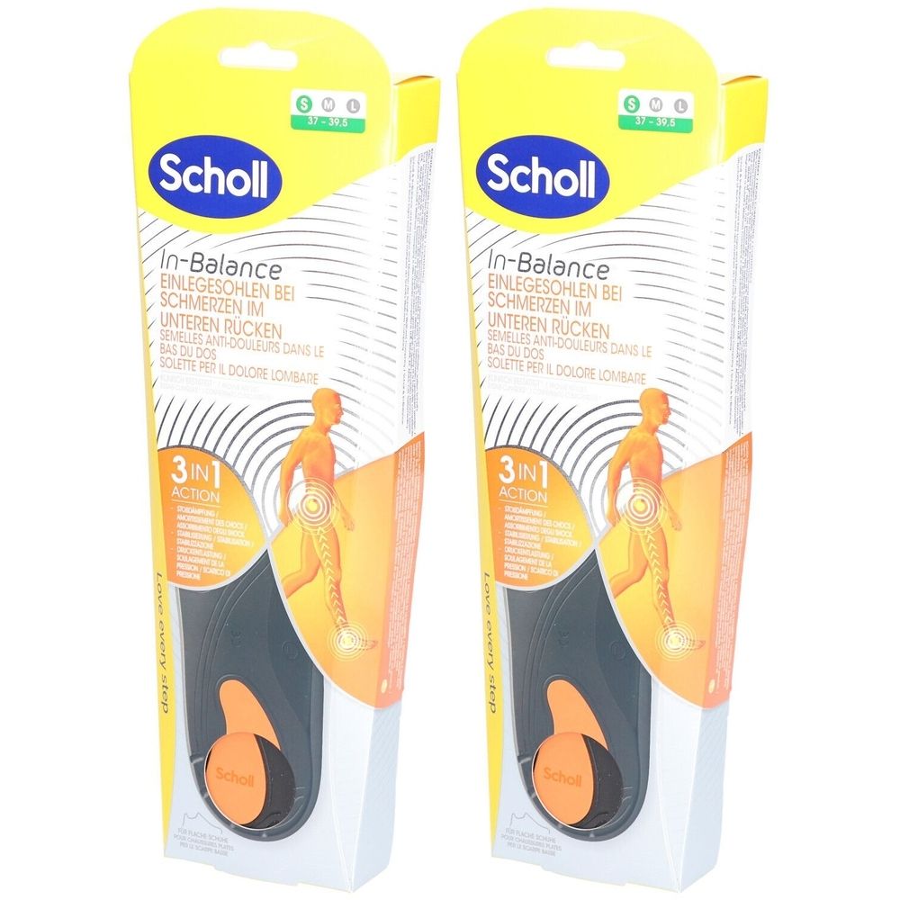 Deux paquets de semelles Scholl In-Balance. Emballage jaune avec informations et illustration d'un corps humain.