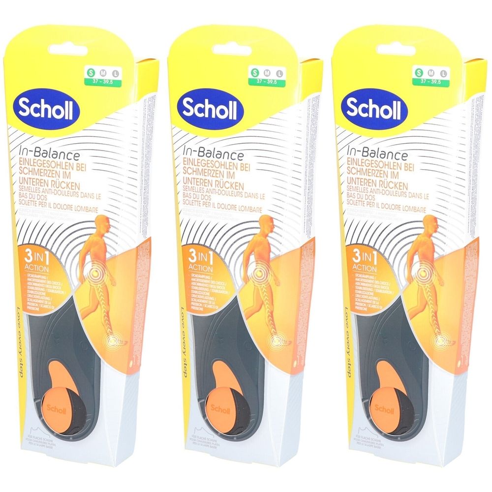Semelles Scholl In-Balance en emballage. Semelles jaune et noir avec des accents orange. Texte: In-Balance, 3 en 1 Action.