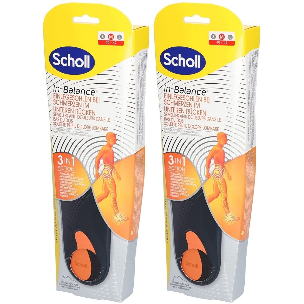 Zwei Packungen Scholl In-Balance Einlegesohlen. Schwarze und orangefarbene Einlegesohlen in gelber Verpackung. Text: In-Balance, 3 in 1 Action.