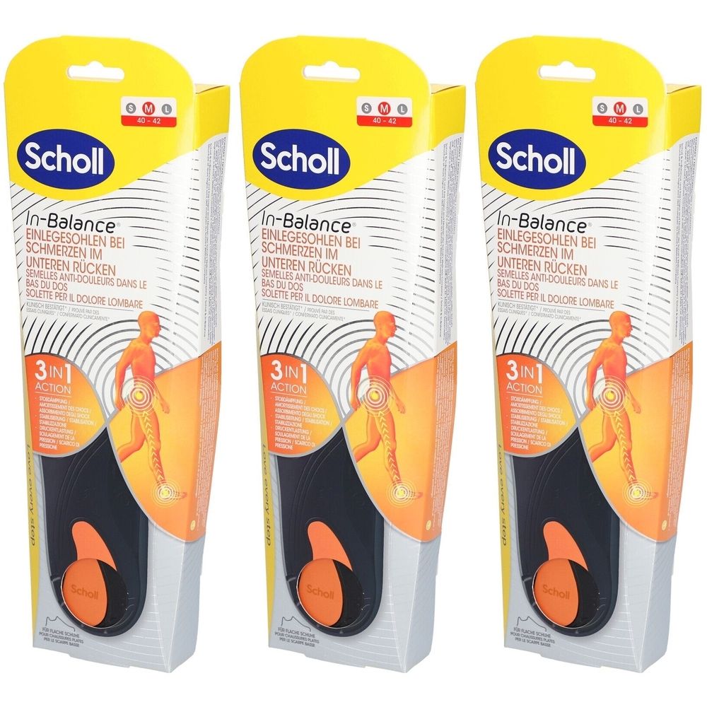 Verpackung mit drei Scholl In-Balance Einlegesohlen. Gelb-weißes Design mit Produktnamen und Illustration einer Person. Größe 40-42.