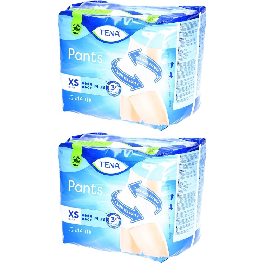 Zwei Packungen TENA Pants Plus, XS. Blaue Verpackung mit Produktnamen, Größe, Saugstärke und Sicherheitsmerkmalen.