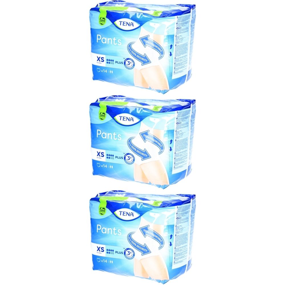 Drei Packungen TENA Pants Plus, XS. Blaue Verpackung mit Produktname, Größe und Saugstärke. Abbildung einer Hose.