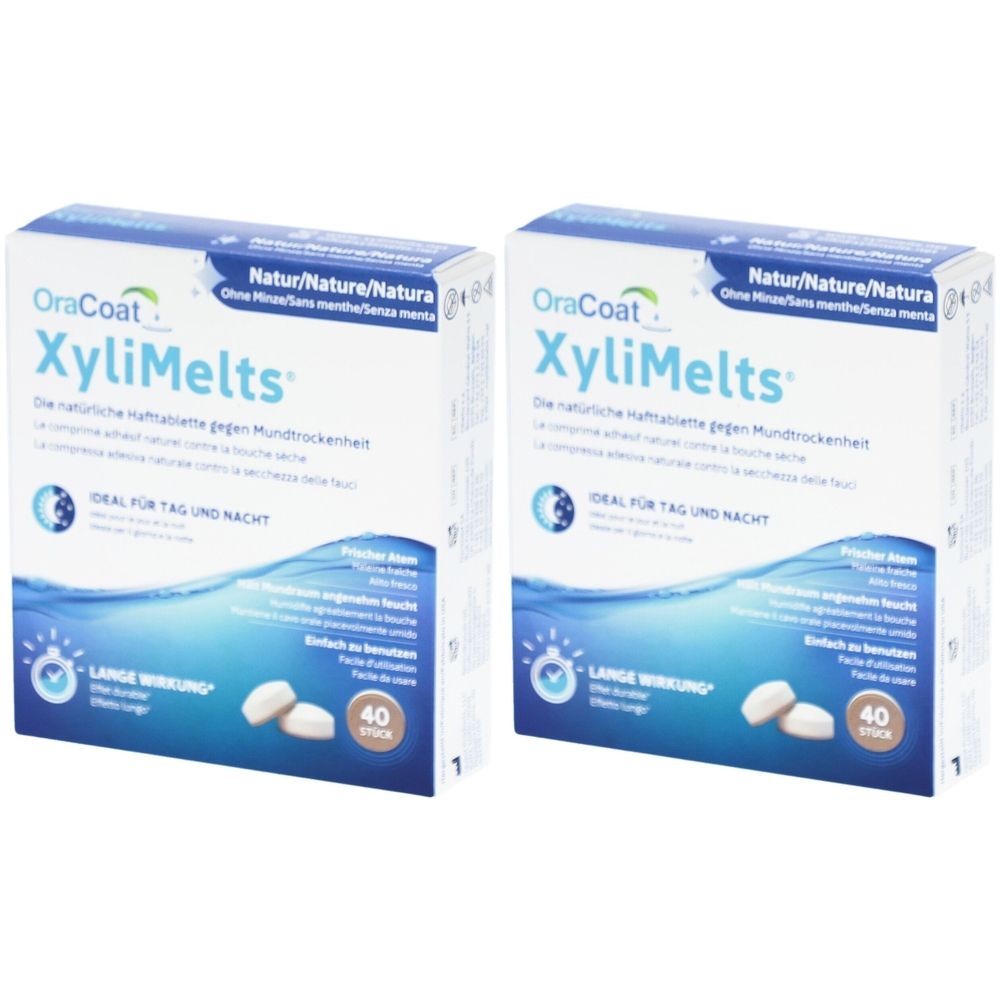 Deux boîtes de comprimés OraCoat XyliMelts. Inscriptions : "Nature", "40 pièces", "Effet longue durée".
