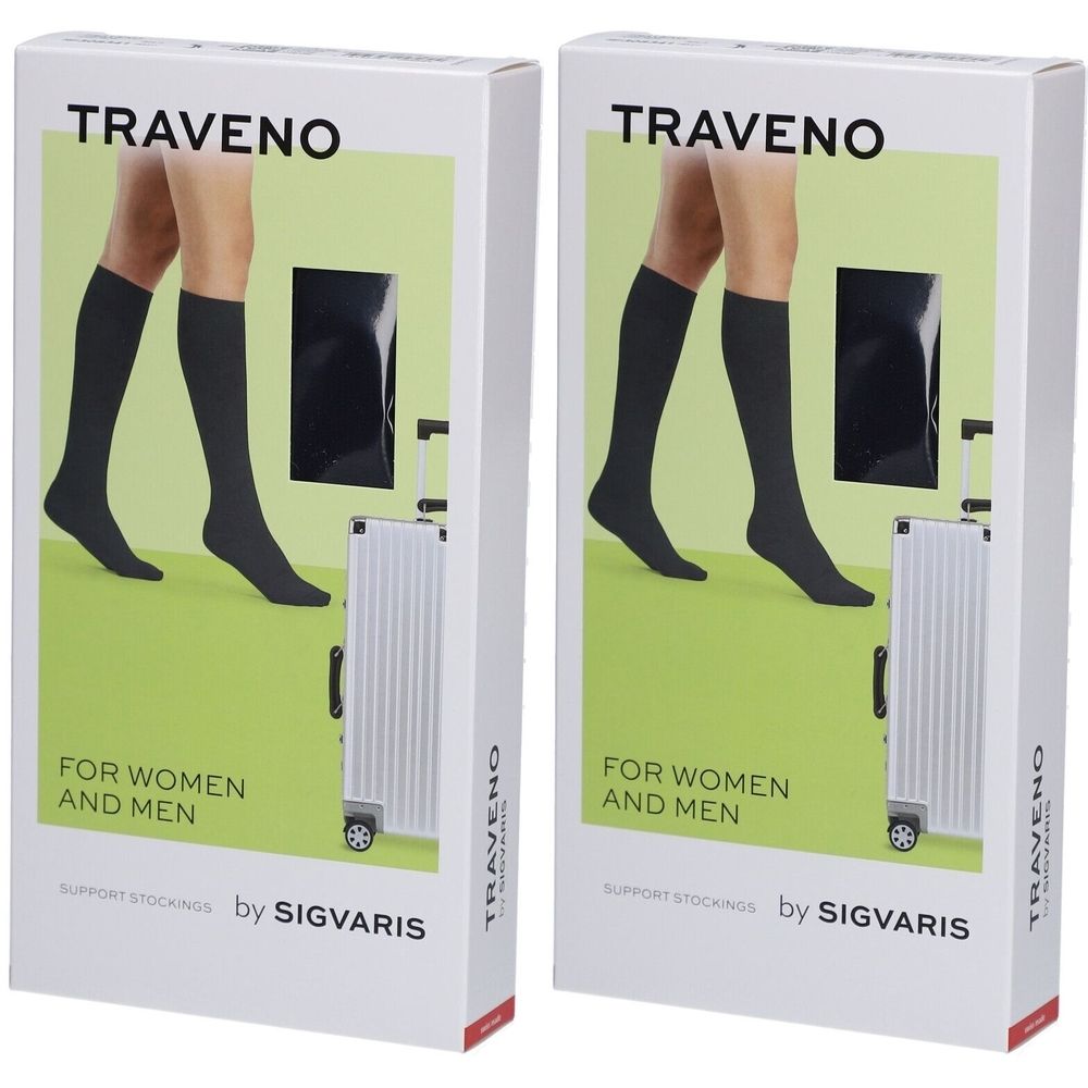 Deux boîtes de bas noirs. Inscription TRAVENO, SIGVARIS. Pour femmes et hommes. Jambes avec bas représentées.