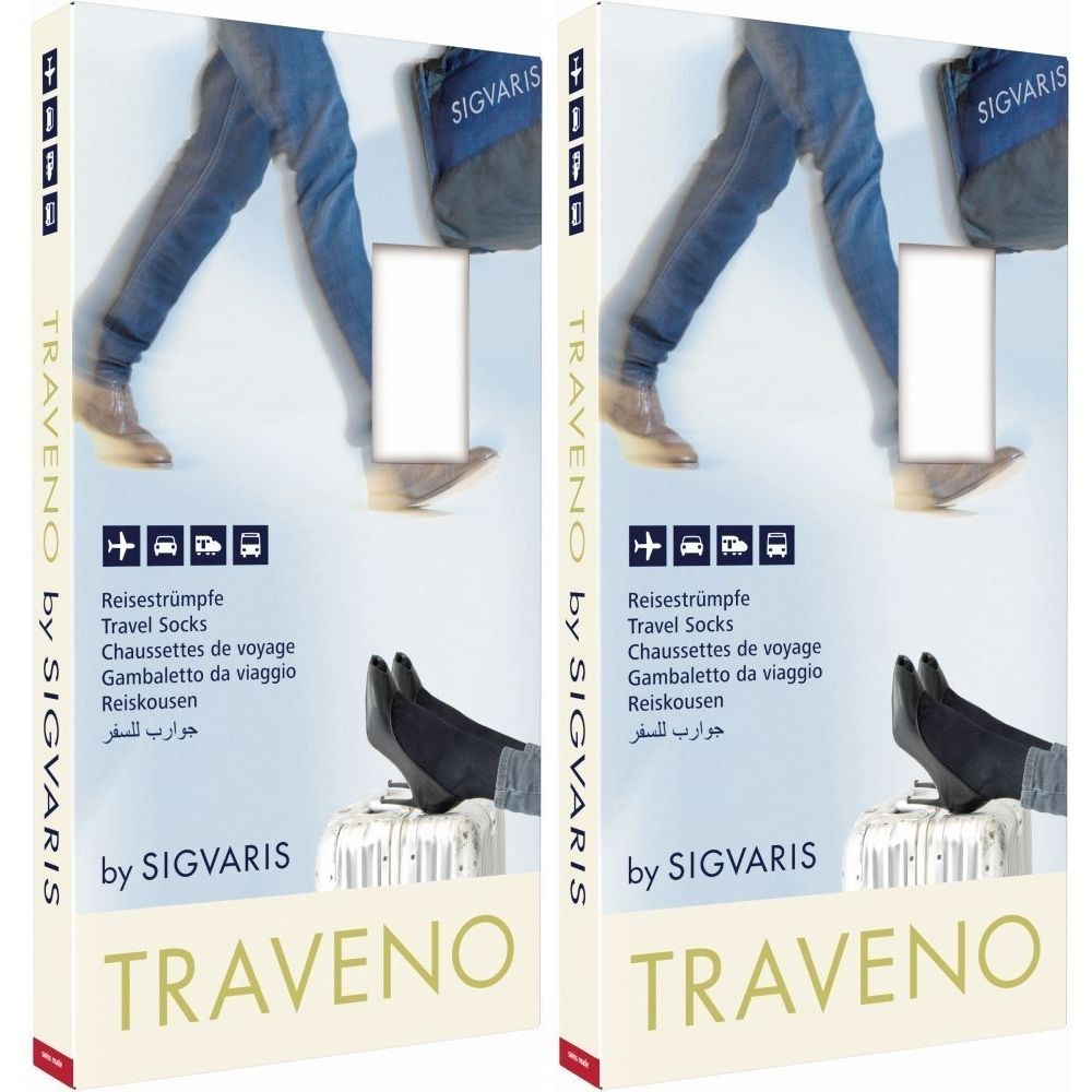Verpackung mit Reise-Strümpfen. Aufschrift TRAVENO by SIGVARIS. Mehrsprachige Produktbezeichnungen.