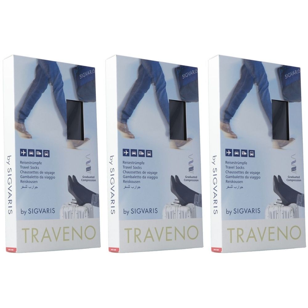 Trois boîtes de chaussettes de compression. Inscription: TRAVENO, by SIGVARIS. Image d'une personne en jean. Nom du produit et marque visibles.