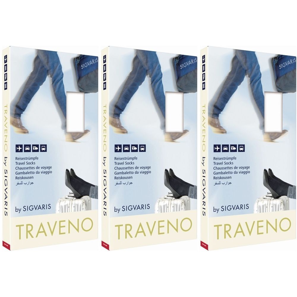 Drei Produktverpackungen von SIGVARIS TRAVENO Reisesocken. Aufdruck: TRAVENO, by SIGVARIS, Reisesocken, Chaussettes de voyage, Gambaletti da viaggio, Reiskousen.
