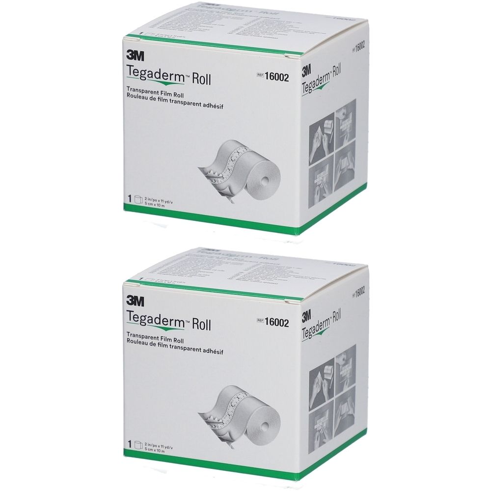 Zwei Kartons mit 3M Tegaderm Roll Pflaster. Aufdrucke: 3M, Tegaderm Roll, transparent, 16002. Abbildung eines Rollenpflasters.