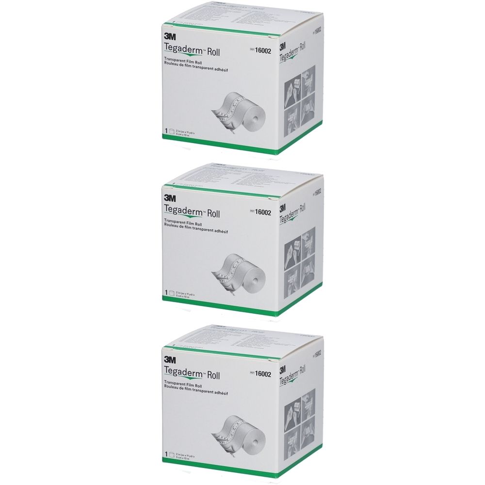 Drei Kartons mit 3M Tegaderm Roll Pflaster. Aufdrucke: Produktname, Marke, Abbildung des Produkts, transparente Folie.