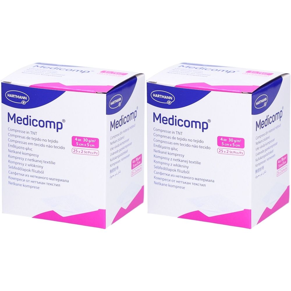 Zwei Kartons Medicomp Kompressen. Verpackung mit blau-weißem Design. Aufdruck: 5 cm x 5 cm, 25 x 2 Stück.
