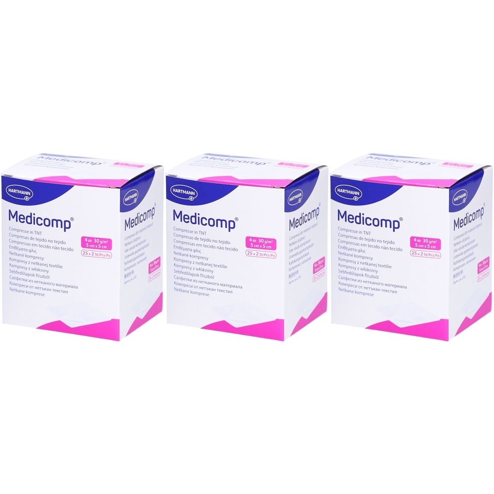 Drei Schachteln Medicomp® Vlieskompressen. Aufdruck: 5 cm x 5 cm, steril. Verpackung mit rosa Akzenten.