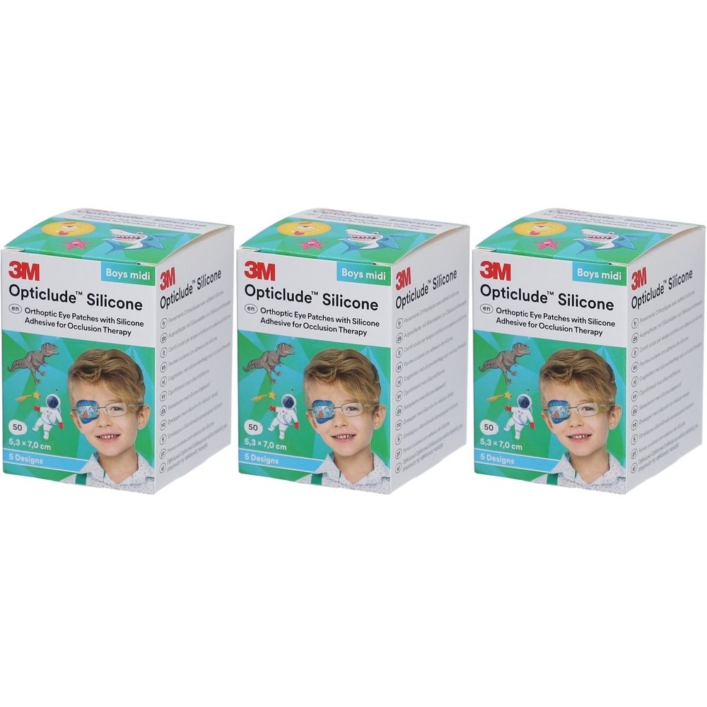 Drei Kartons mit Augenpflastern. Aufdruck: 3M Opticlude Silicone, Boys midi. Abbildung eines Kindes mit Augenpflaster.