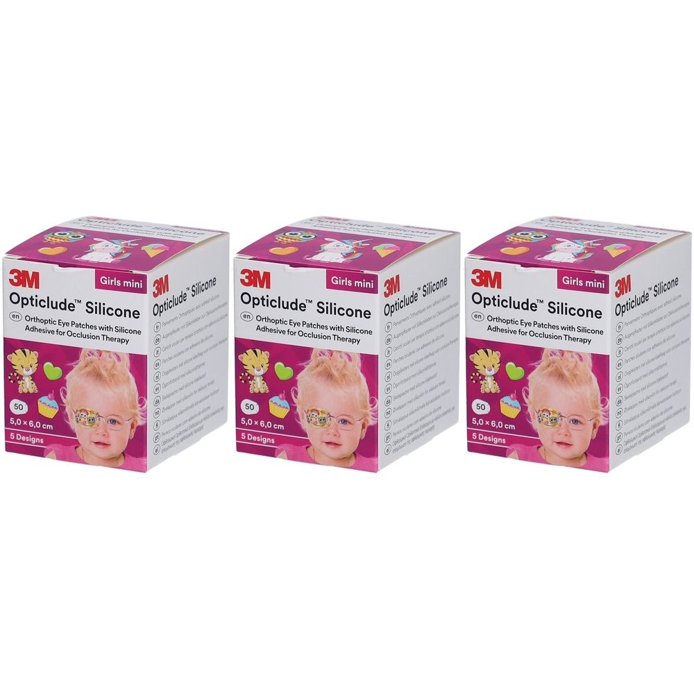 Drei Kartons 3M Opticlude Silicone Augenpflaster. Aufdruck: Girls mini, 5,0 x 6,0 cm. Auf den Kartons ist ein Kind mit Brille abgebildet.