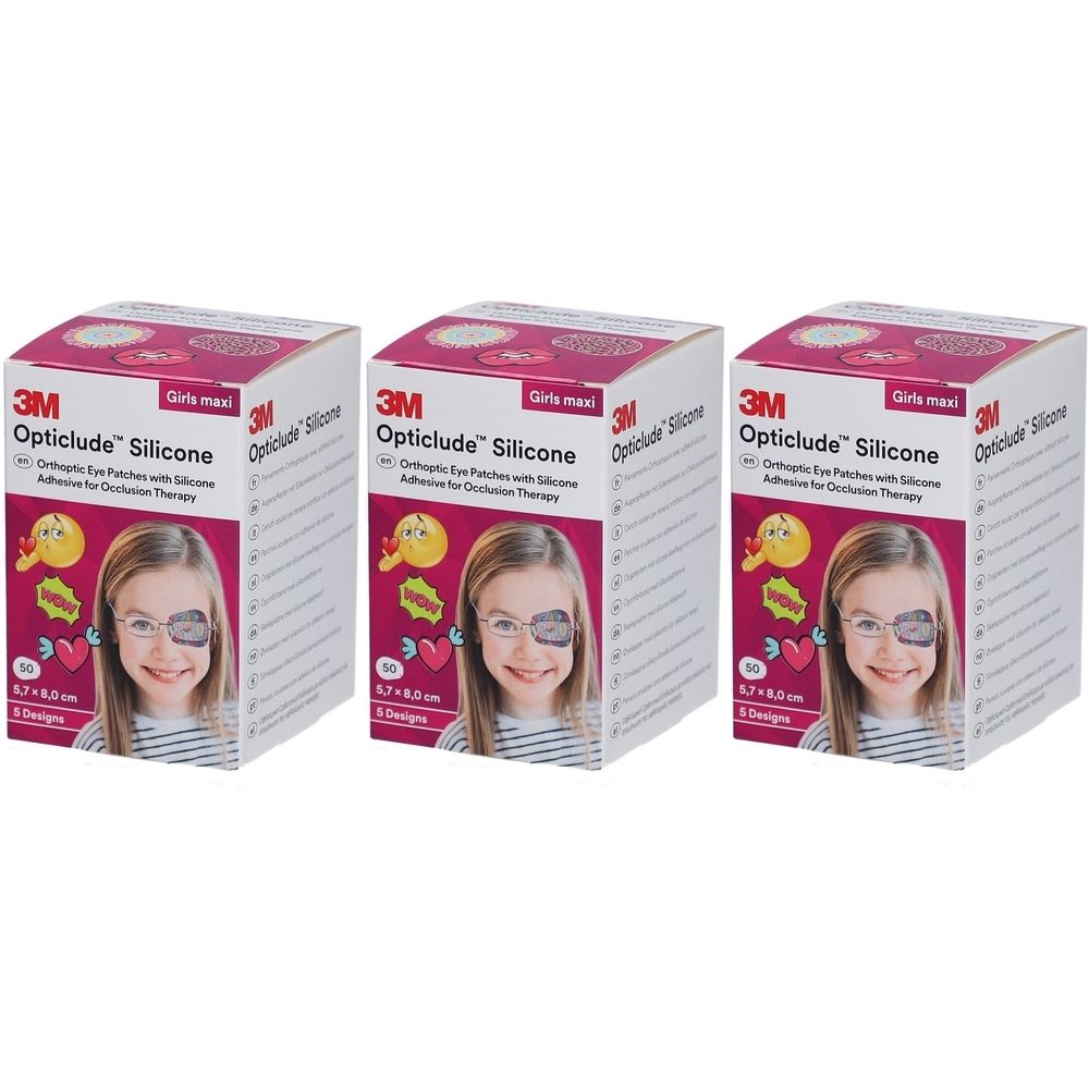 Drei Packungen 3M Opticlude Silikon-Augenpflaster. Auf jeder Packung ist ein Mädchen mit Augenpflaster abgebildet. Text: Girls maxi, 50, 5.7 x 8.0 cm.