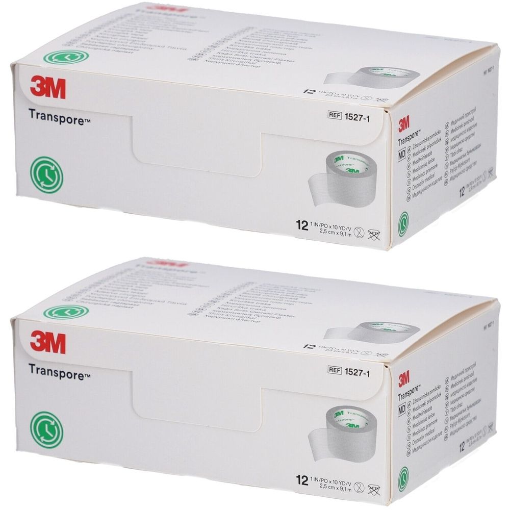 Zwei Kartons mit 3M Transpore chirurgischem Klebeband. Aufdrucke: 3M, Transpore, REF 1527-1, 12 Rollen.