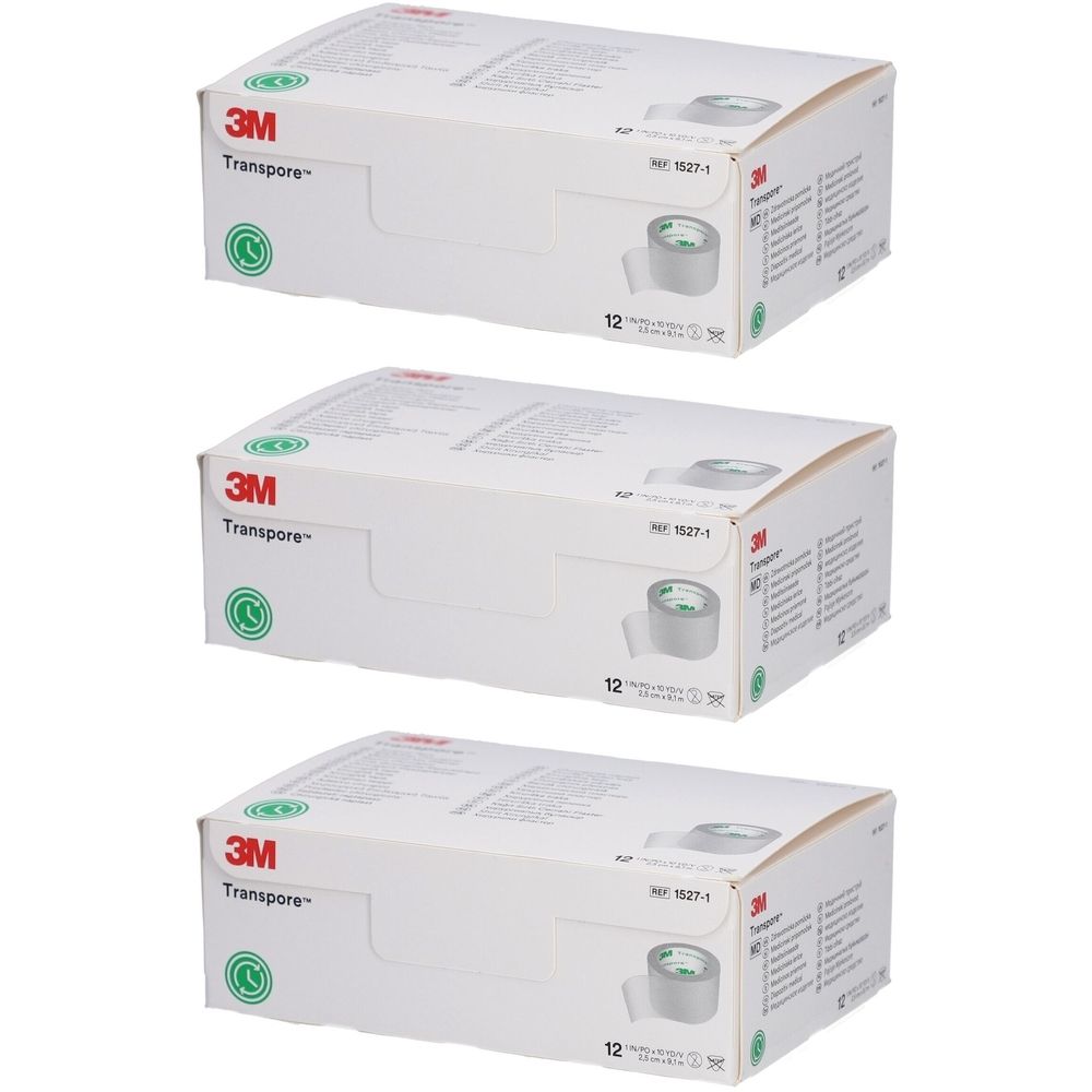 Drei Kartons mit medizinischem Klebeband. Aufdruck: 3M Transpore. Jede Packung enthält 12 Rollen. Grün-weiße Verpackung.