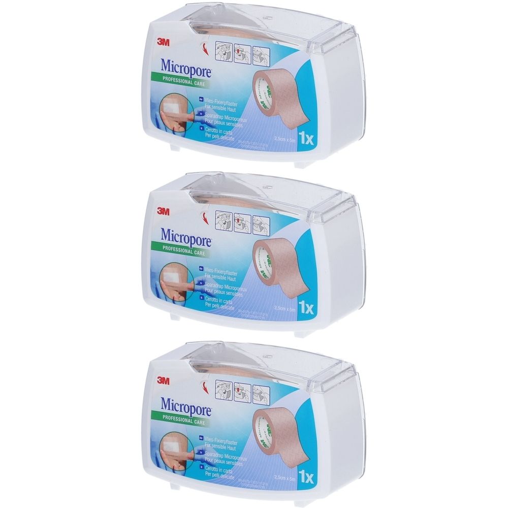 Drei weiße Spenderboxen mit transparentem Deckel. Auf jeder Box ist das Logo "3M Micropore" und ein beiges Klebeband sichtbar.