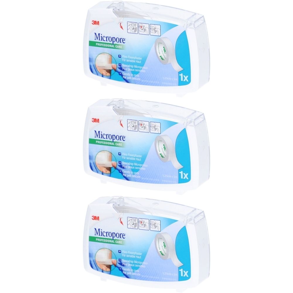 Trois boîtes de pansements 3M Micropore. Chaque boîte affiche le produit et l'inscription "1x".