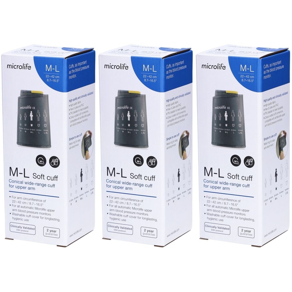 Drei Verpackungen. Aufschrift: M-L Soft cuff, für Oberarmumfang 22-42 cm. Marke: Microlife. Konische Manschette für Blutdruckmessgerät.