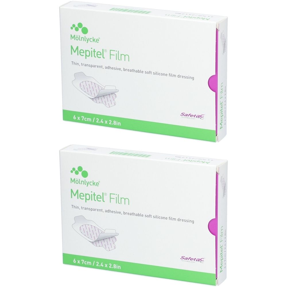 Zwei Schachteln Mepitel Film. Aufdruck: 6 x 7 cm. Marke: Mölnlycke. Beschreibung: dünn, transparent, atmungsaktiv.