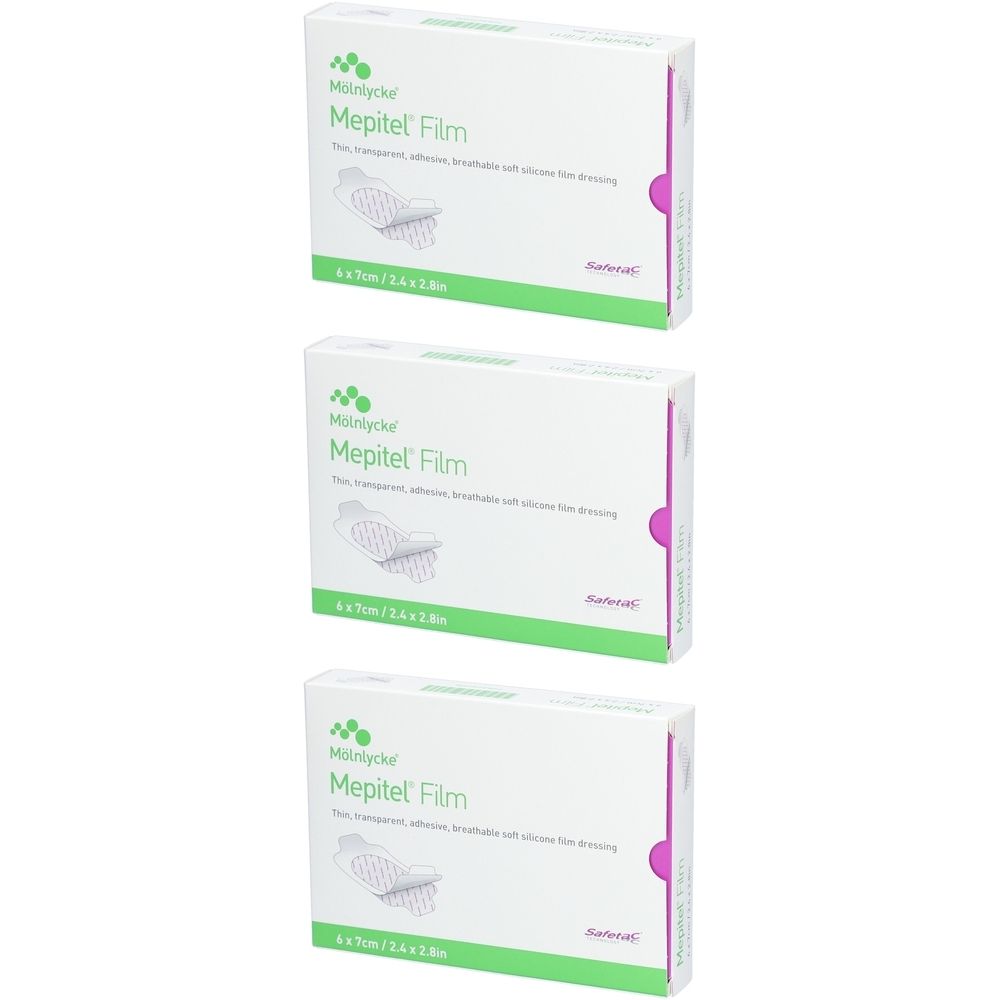 Drei Schachteln Mepitel Film. Weiße Verpackung mit grüner und pinkfarbener Beschriftung. Größe: 6 x 7 cm.