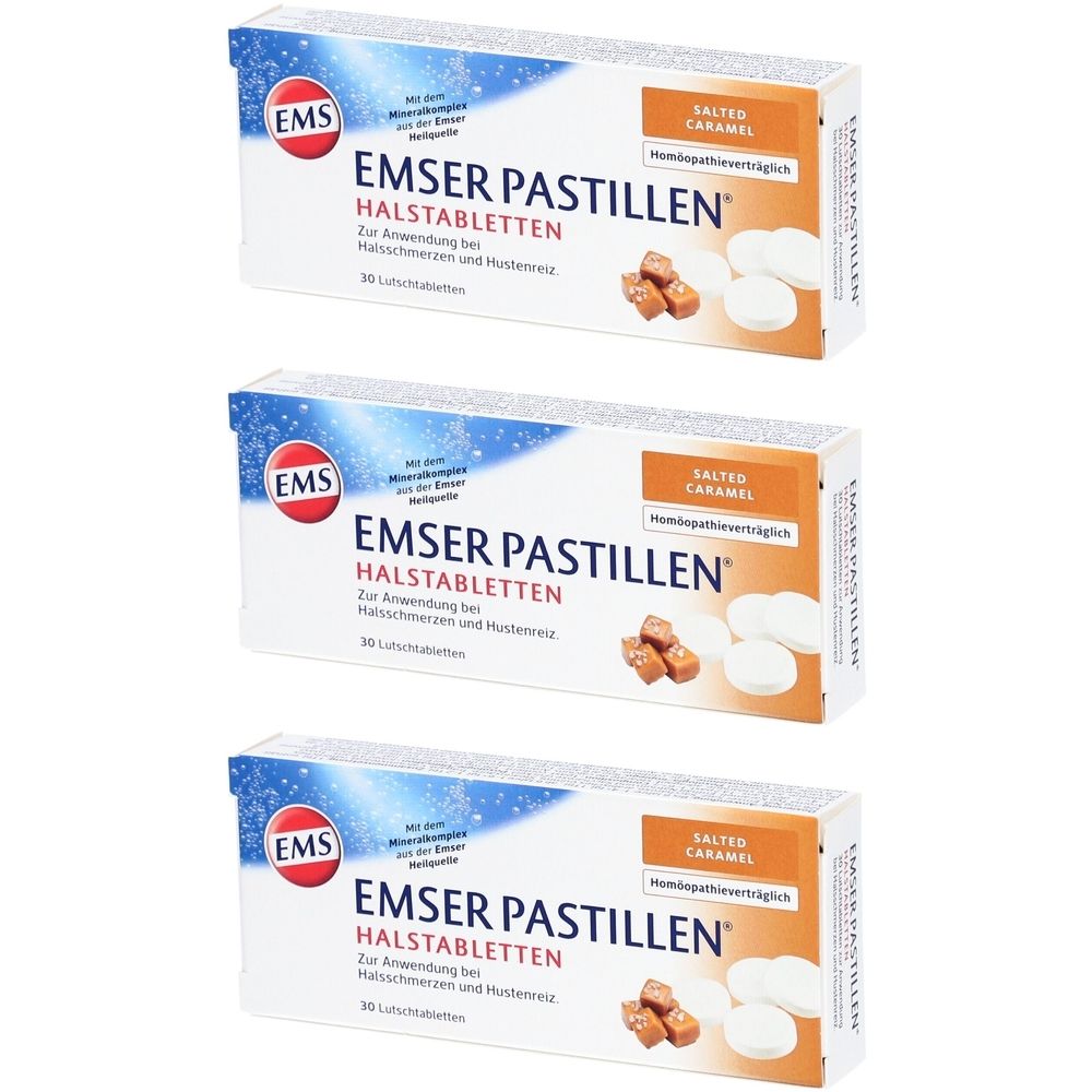 Drei Schachteln EMSER PASTILLEN. Weiße Tabletten und Karamellstücke sind abgebildet. Text: HALSTABLETTEN, Salted Caramel.