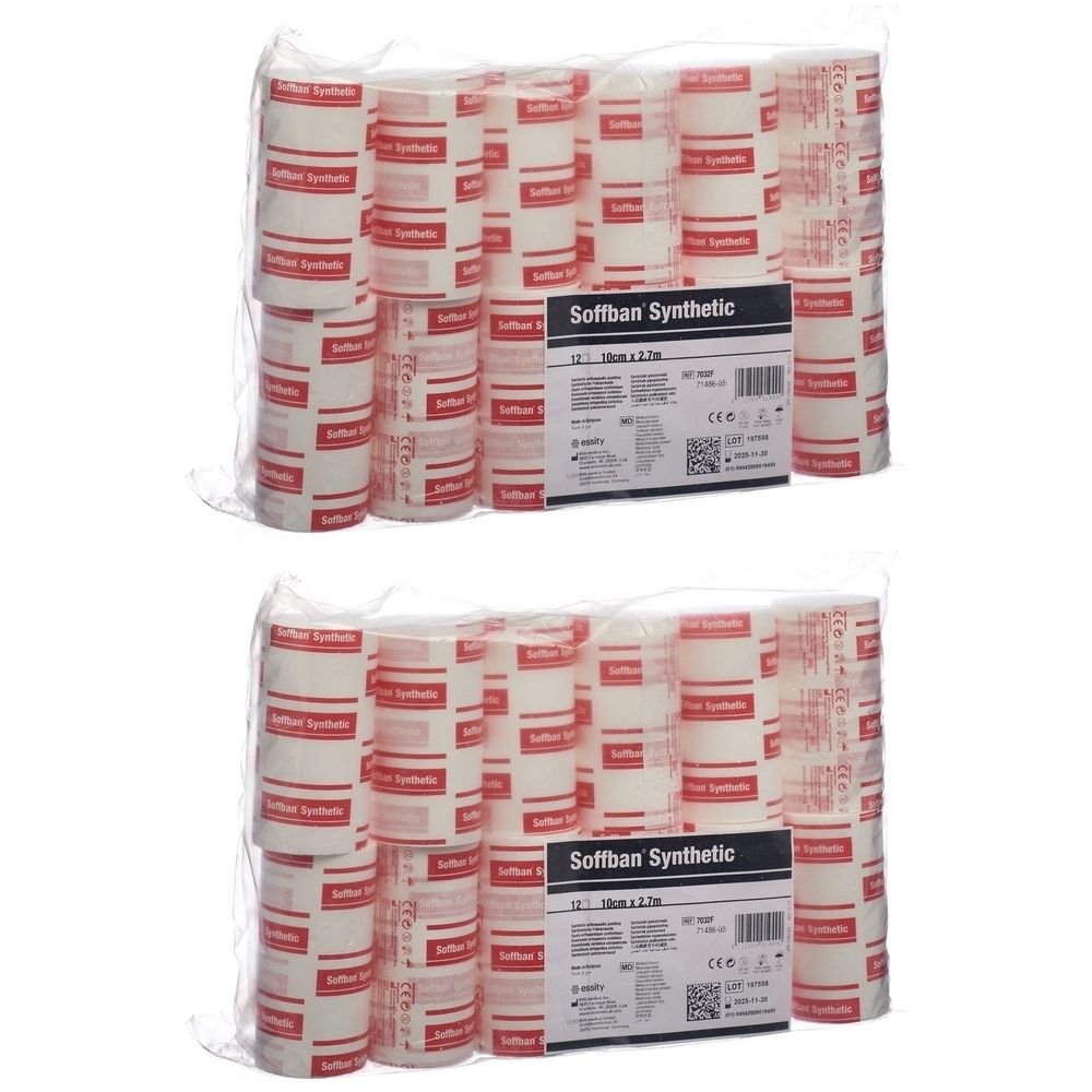Verpackung mit SOFFBAN Synthetische Füllwatte. Mehrere Rollen in Folie verpackt. Aufdruck mit Produktinformationen.