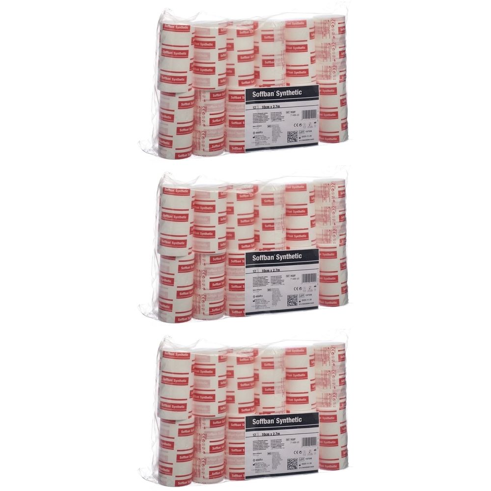 Mehrere Packungen SOFFBAN Ouatte de Rembourrage Synthétique. Jede Packung enthält gerollte, weiße Bandagen mit roter Beschriftung. Verpackt in Folie.