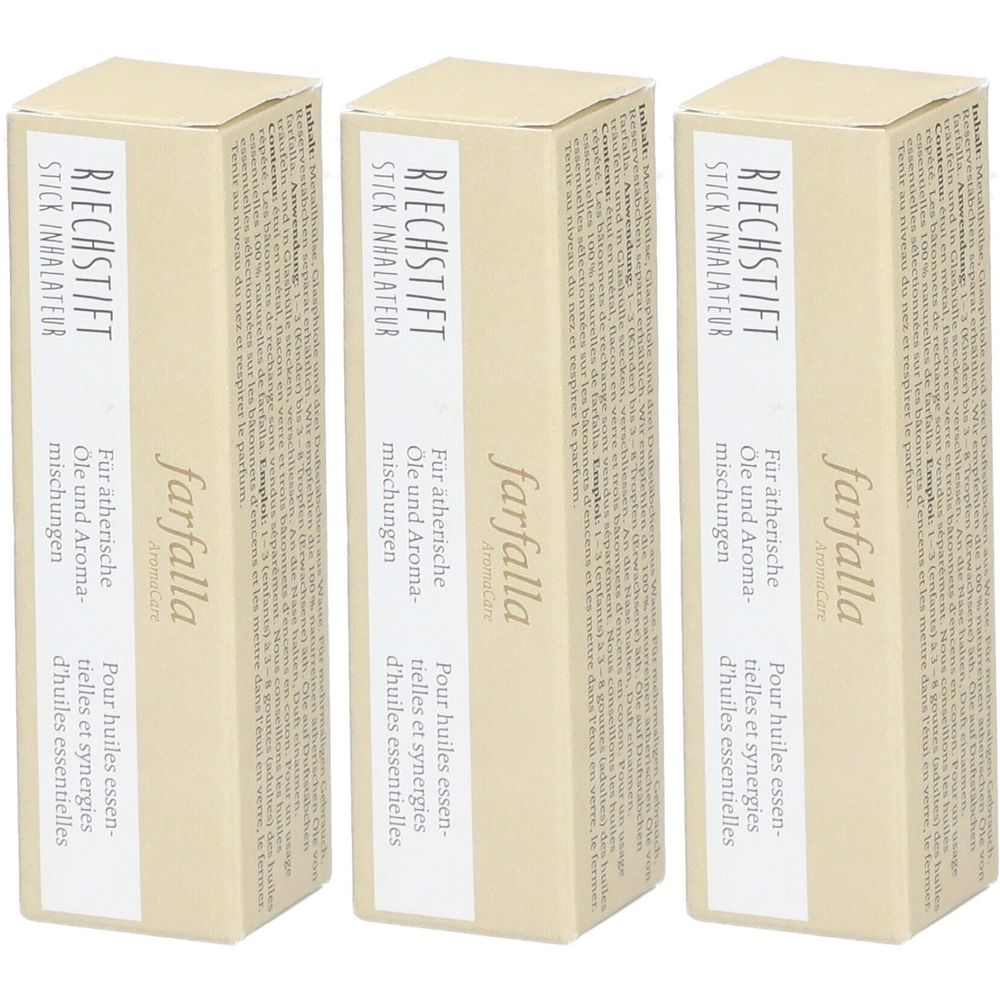 Drei rechteckige Kartons. Aufdruck: Riechstift, farfalla. Text in Deutsch und Französisch. Für ätherische Öle und Aromamischungen.