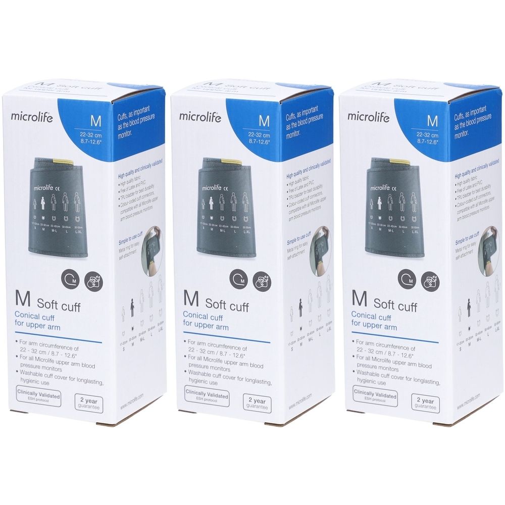 Drei Packungen MICROLIFE Soft-Manschette. Jede Packung zeigt eine Manschette, Größe M, für Oberarmumfang 22-32 cm. Mit Logo und Produktbezeichnung.